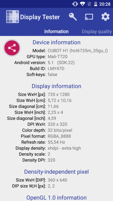 Cubot H1 displej tester aplikace