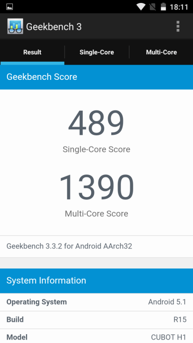 Cubot H1 benchmark test Geekbench