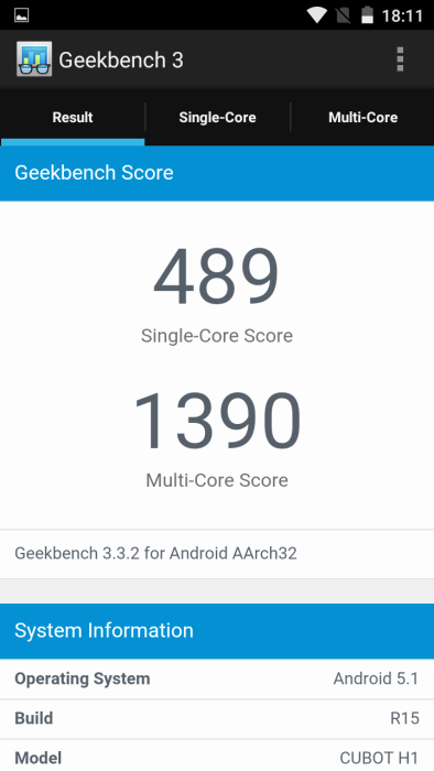 Cubot H1 δοκιμή αναφοράς Geekbench