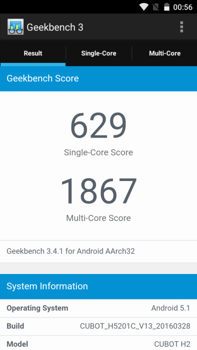 Cubot H2 benchmark Geekbench