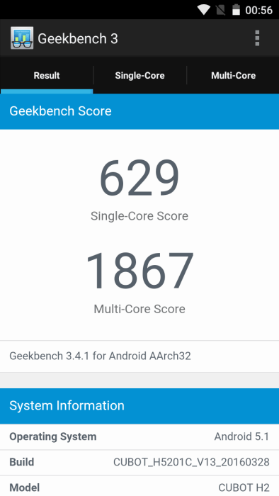 Banc d'essai Cubot H2 Geekbench