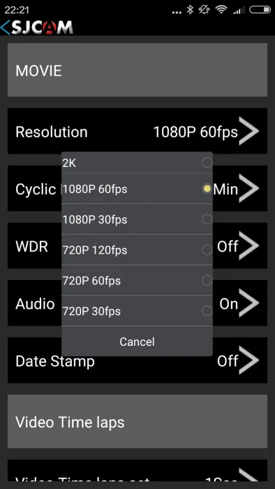 SJCAM HD-app M20-instellingen