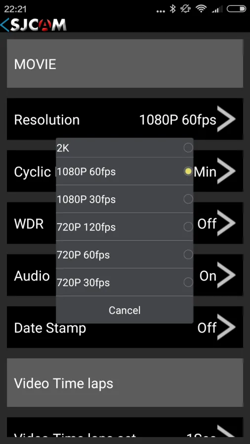 SJCAM HD App M20 Settings