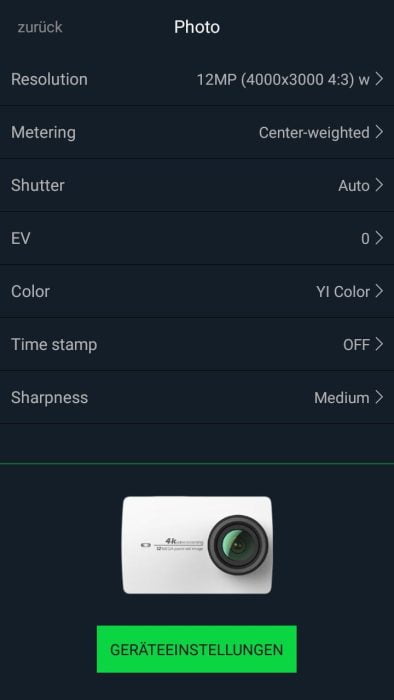 Yi Action App picture settings
