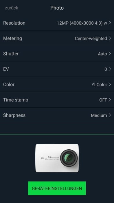 Yi Action App Bildeinstellungen
