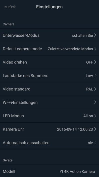 Yi Action App Device Settings