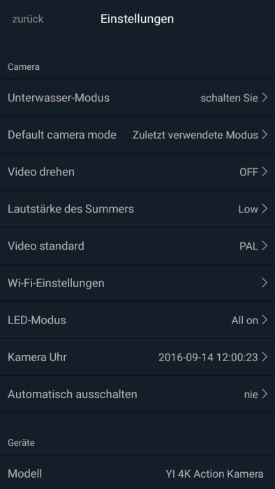 Yi Action App Geräteeinstellungen