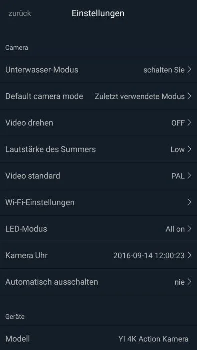 Yi Action App Apparaatinstellingen