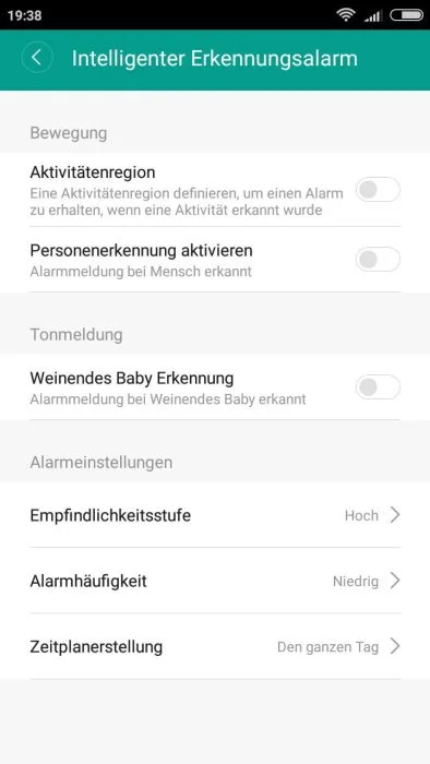 Allarme di rilevamento dell'app Home Yi