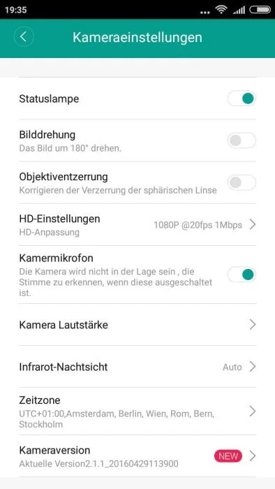 Paramètres de l'appareil photo Yi Home App (1)