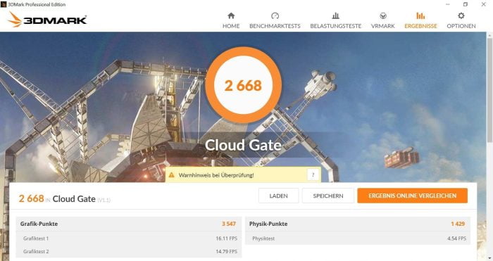 3DMark benchmark test Cloud Gate med 2668 point