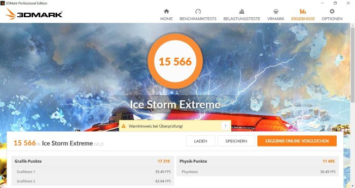 3DMark benchmark test Ice Storm Extreme with 15566 points