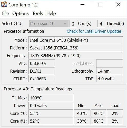 Temperatura máxima de Core Temp