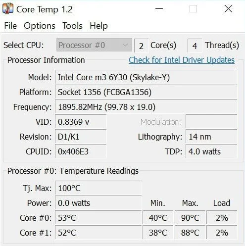 Core Temp Maximale Temperatur