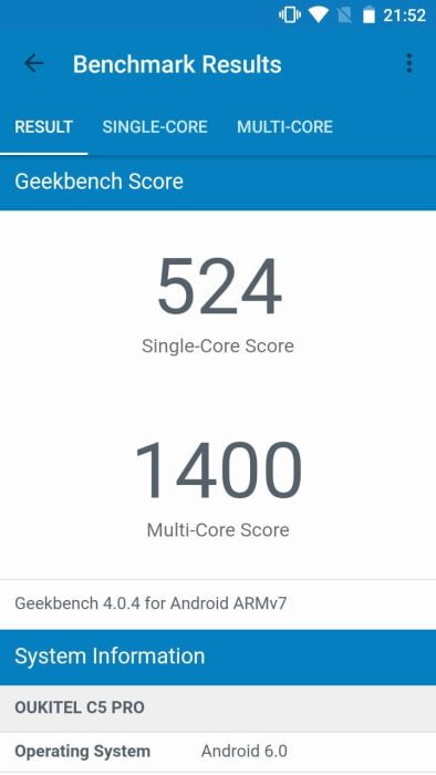 Geekbench 4 Ergebnis mit dem Oukitel C5 Pro