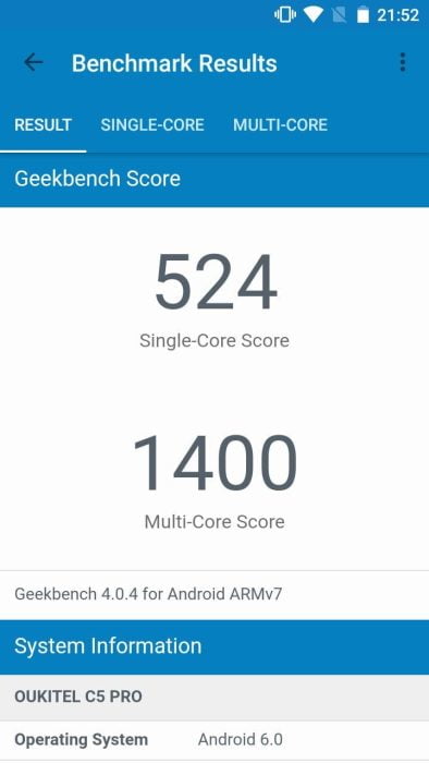 Resultado Geekbench 4 com o Oukitel C5 Pro