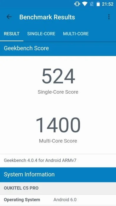 Resultado de Geekbench 4 con el Oukitel C5 Pro