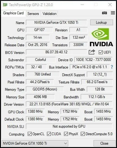 GPU-Z graphics card values