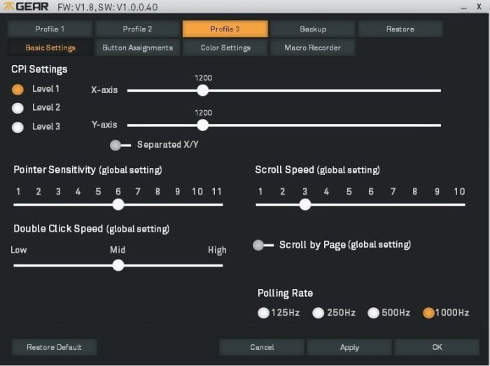 Fnatic Software Algemene instellingen