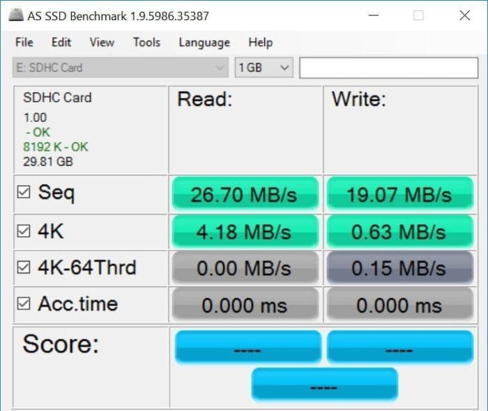 AS SSD Benchmark Externe SDHC