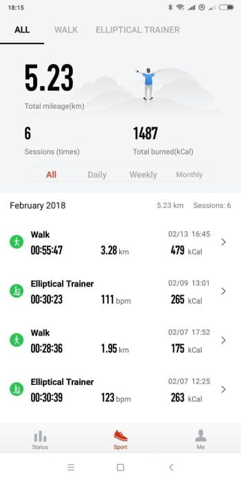 Přehled sportů Amazfit App