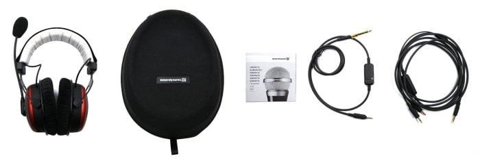 היקף המסירה של ה- beyerdynamic MMX 300 2nd הדור עם האוזנייה, נושא נשיאה, כבלים ו הוראות שימוש