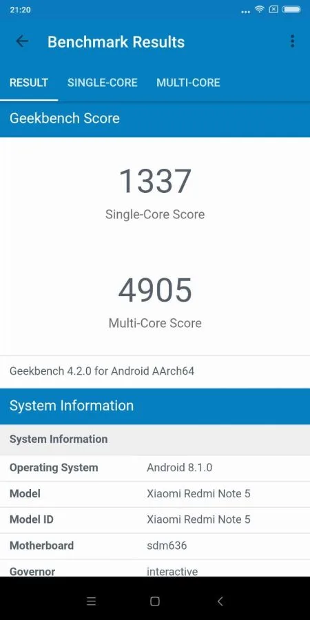 Результат измерения Geekbench Xiaomi Redmi Примечание 5