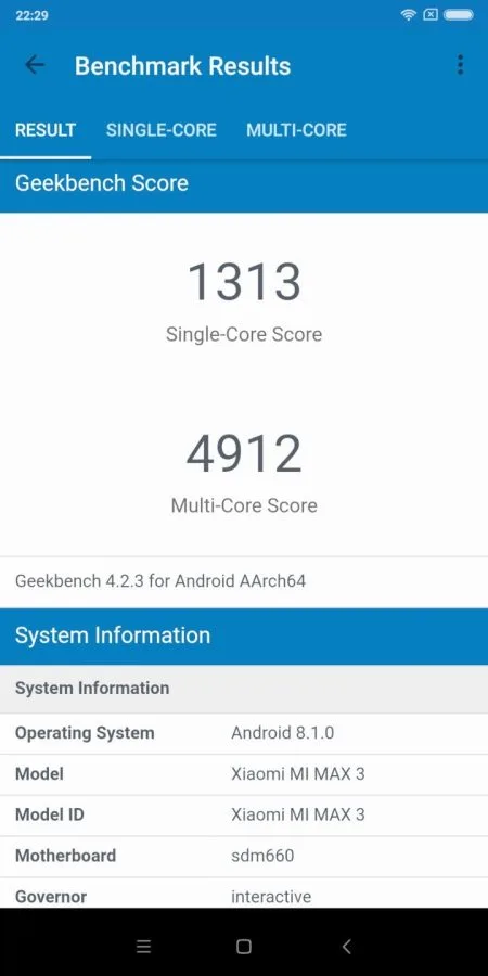 Xiaomi Mi Max 3 Geek Bench Benchmark