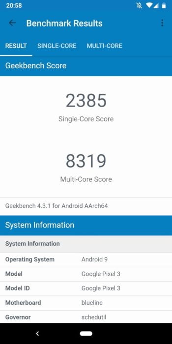 Benchmark di Google Pixel 3 Geekbench