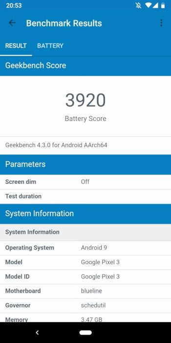 Geekbench batteri test av Pixel 3