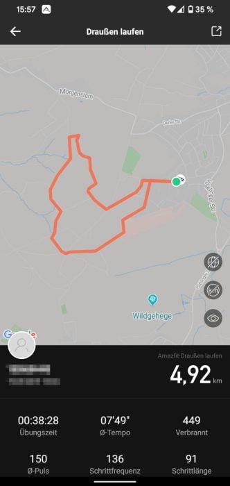 Itinéraire GPS Amazfit GTS, affiché dans l'application Amazfit