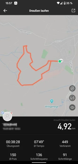 Amazfit GTS GPS route, shown in the Amazfit app