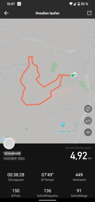 Trasa GPS systému Amazfit GTS, ukázaná v aplikaci Amazfit