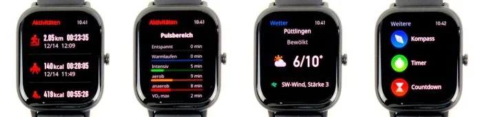 De gebruikersinterface van de Amazfit GTS met weersvoorspellingsmarge en 12 sportprogramma's