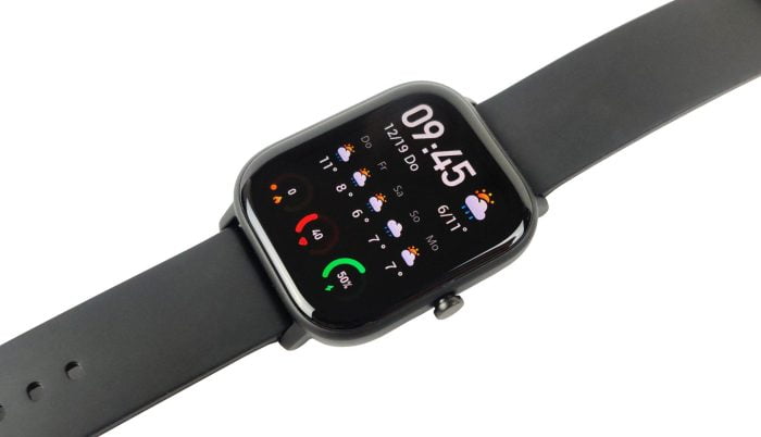 The front of the Amazfit GTS with the 1.65 inch AMOLED display.