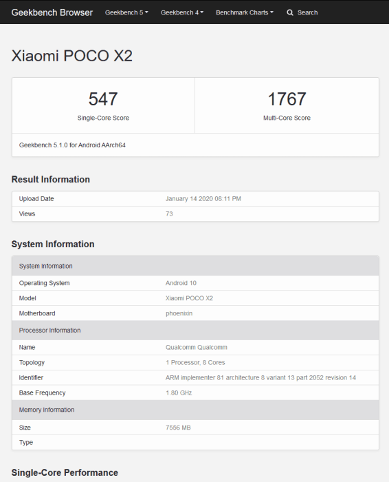 POCO X2 Geekbench'i