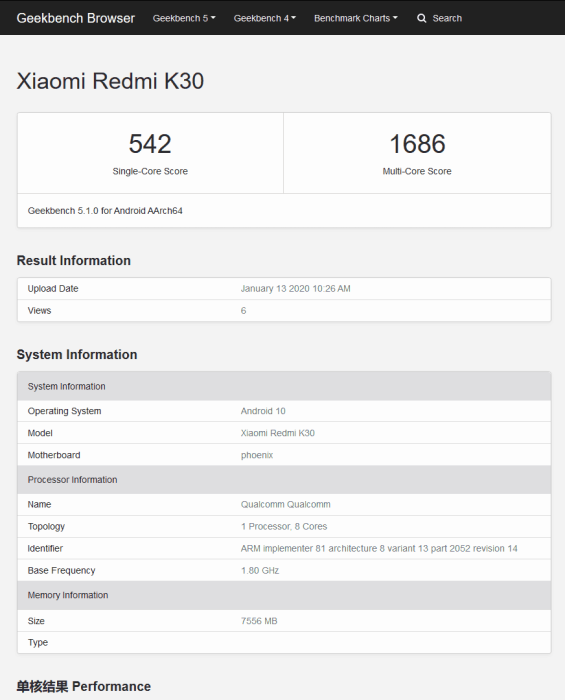 Redmi K30 Geek Bench'i