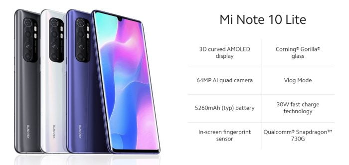 Specifikationerne for Xiaomi Mi Note 10 Lite vises detaljeret.