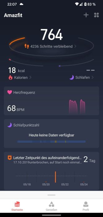 Écran d'accueil de l'application Amazfit (1)