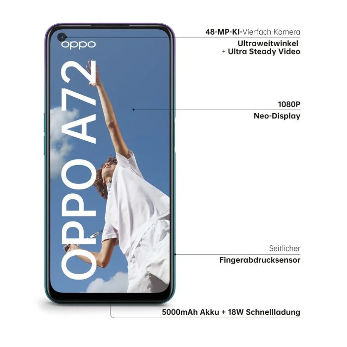 OPPO A72 voorkant met specificaties.