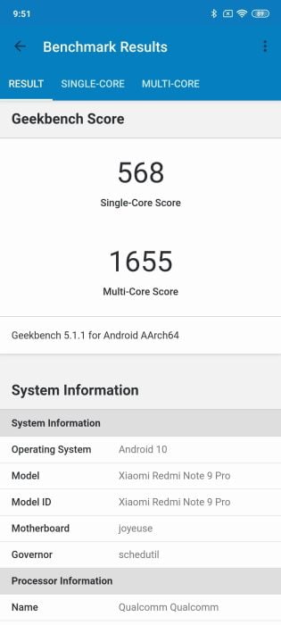 Résultat de référence du Redmi Note 9 Pro dans Geekbench.
