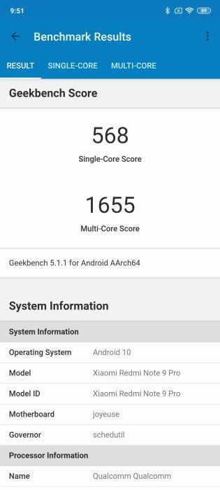 Risultato benchmark del Redmi Note 9 Pro in Geekbench.