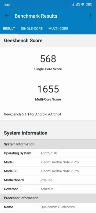 Benchmark-resultat af Redmi Note 9 Pro i Geekbench.