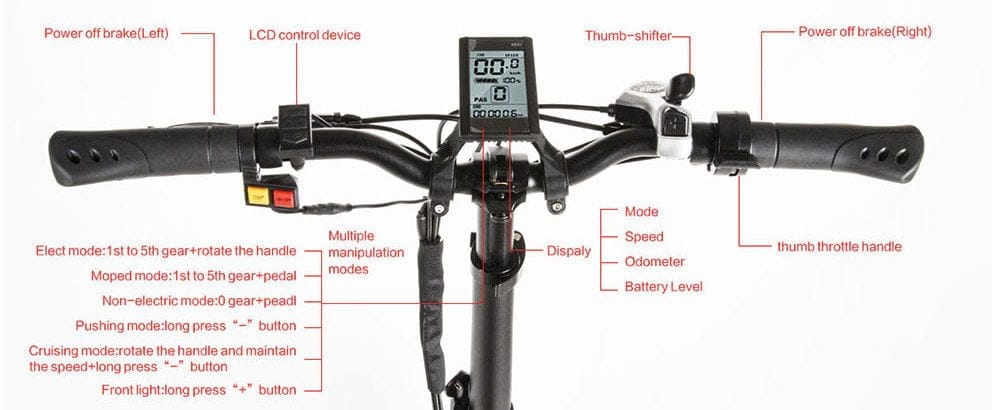 The handlebar of the Samebike XWXL09 with Shimano 7-speed gearshift and bike computer.