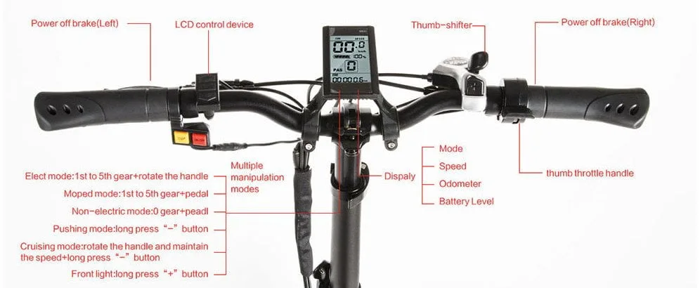 El manillar de la Samebike XWXL09 con cambio de marchas Shimano de 7 velocidades y computadora para bicicleta.
