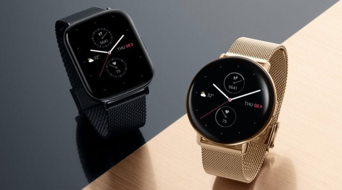 Zepp E Smartwatch em cores diferentes.