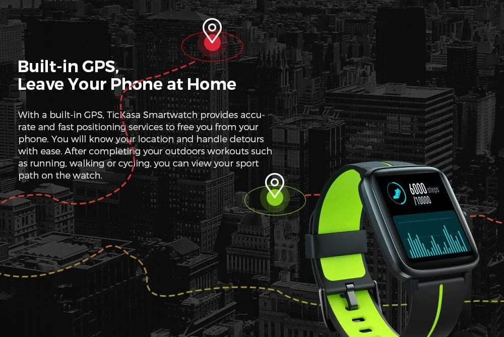 De Mobvoi TicKasa Smartwatch volgt nauwkeurig via GPS.