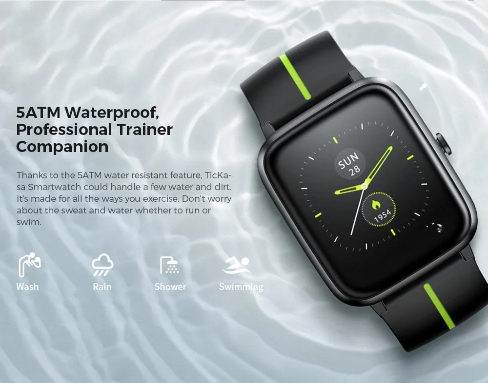 De Mobvoi TicKasa Smartwatch is waterbestendig tot 5ATM.