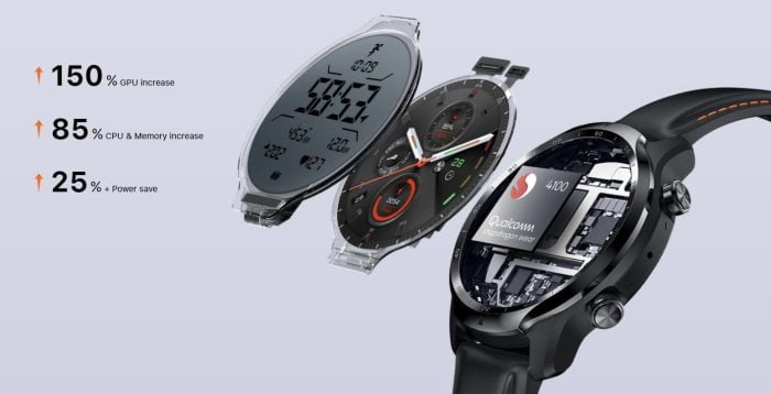 TicWatch Pro 3 GPS 85٪ CPU و 150٪ GPU و 25٪ أكثر اقتصادية.