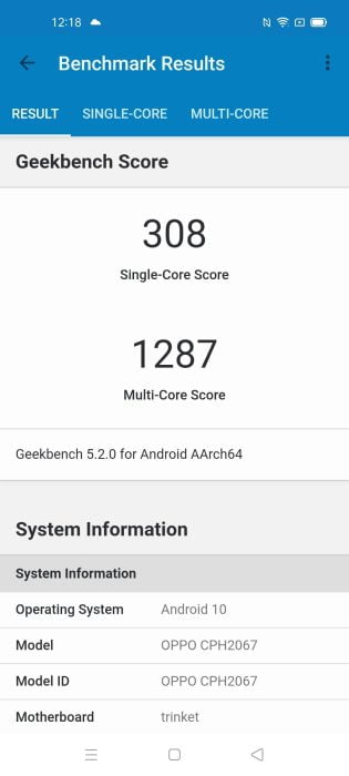 Résultat du test OPPO A72 Geekbench